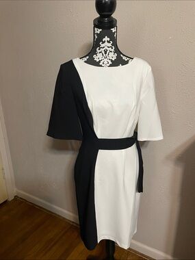 Chic Two-Tone Black & White Belted Dress